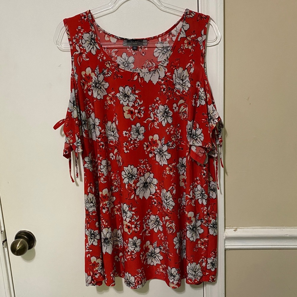 Bloomcore Cold Shoulder Maternity‎ Top 2X Red Floral Vacation Resort Cruisewear
